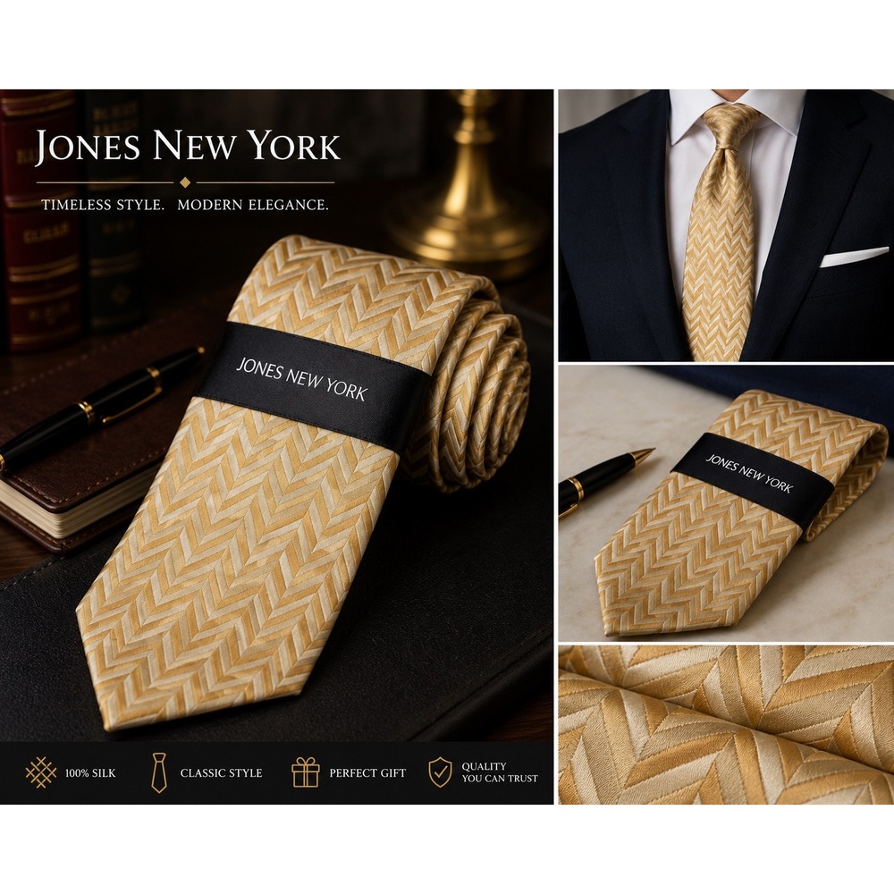 Jones New York Men's Silk Necktie Gold Beige Herringbone Geometric NWT